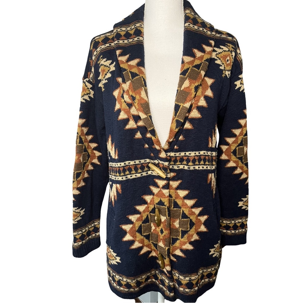 Faherty Navy Aztec‑Patterned Cardigan with Tan & Olive Accents